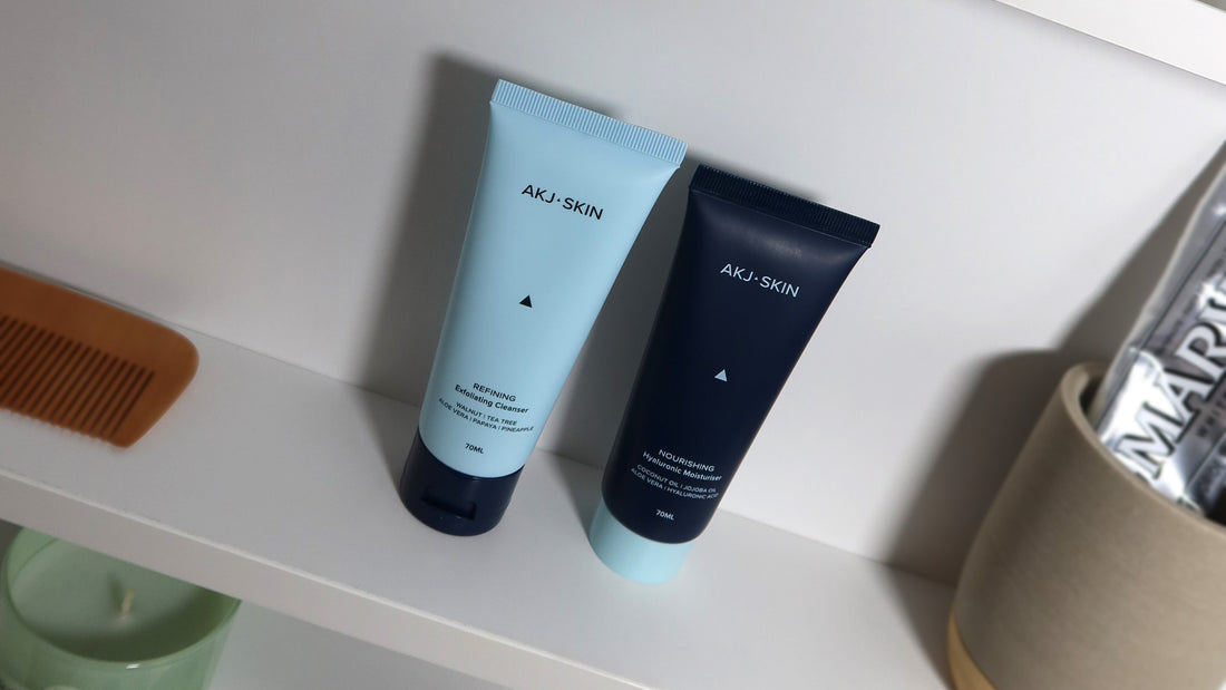 AKJ SKIN Nourishing Hyaluronic Moisturiser displayed among men's skincare and hygiene products in a bathroom cabinet.